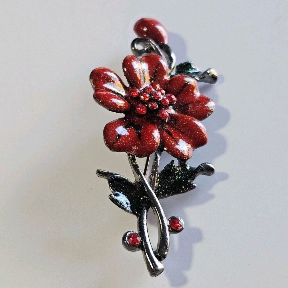 Dark Silver Tone Shimmery Red Enamel Flower Brooch Red Rhinestone Accents